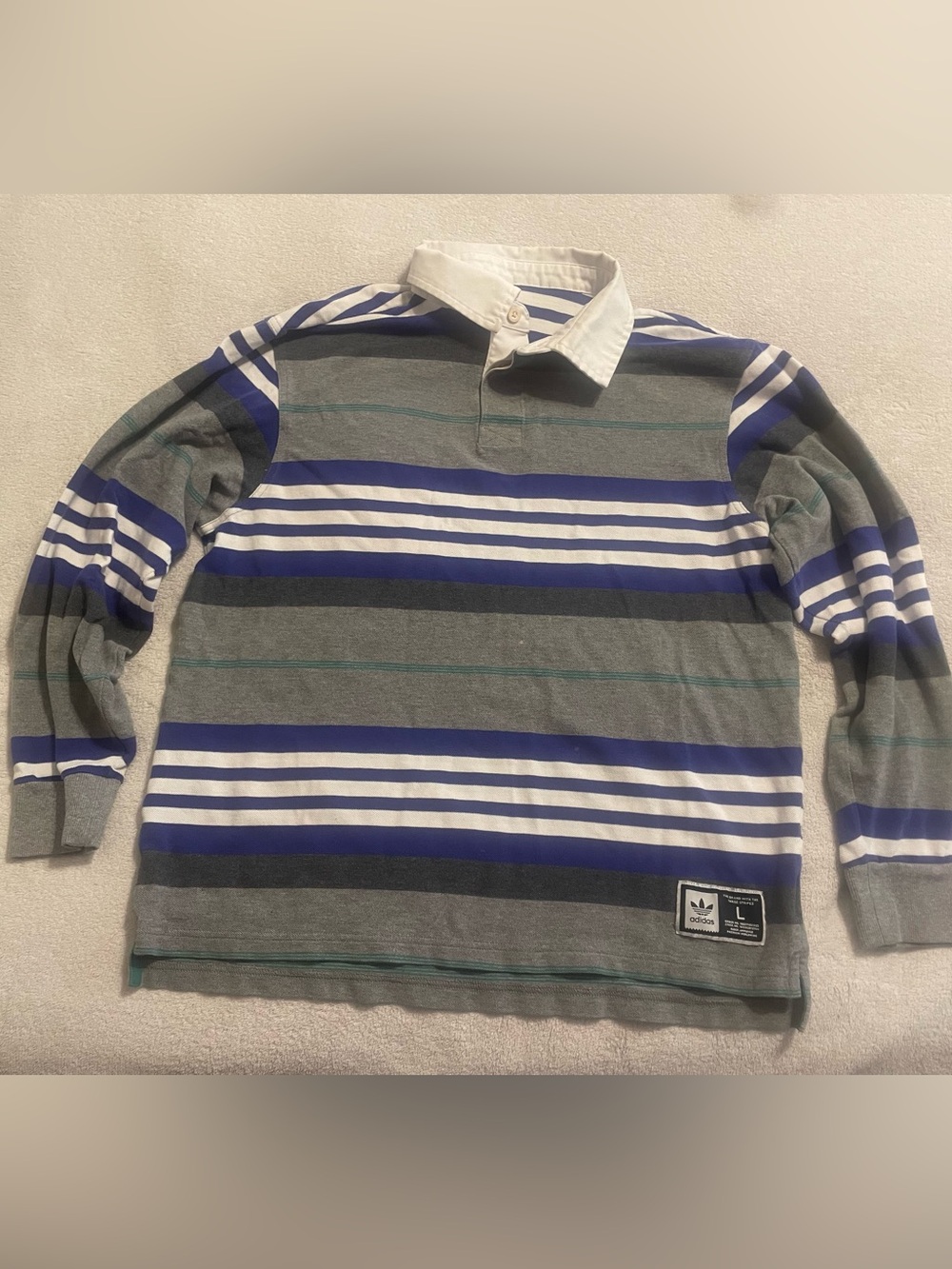 adidas men’s Large Striped Long-Sleeve rugby Polo Shirt in Gray, purple & White